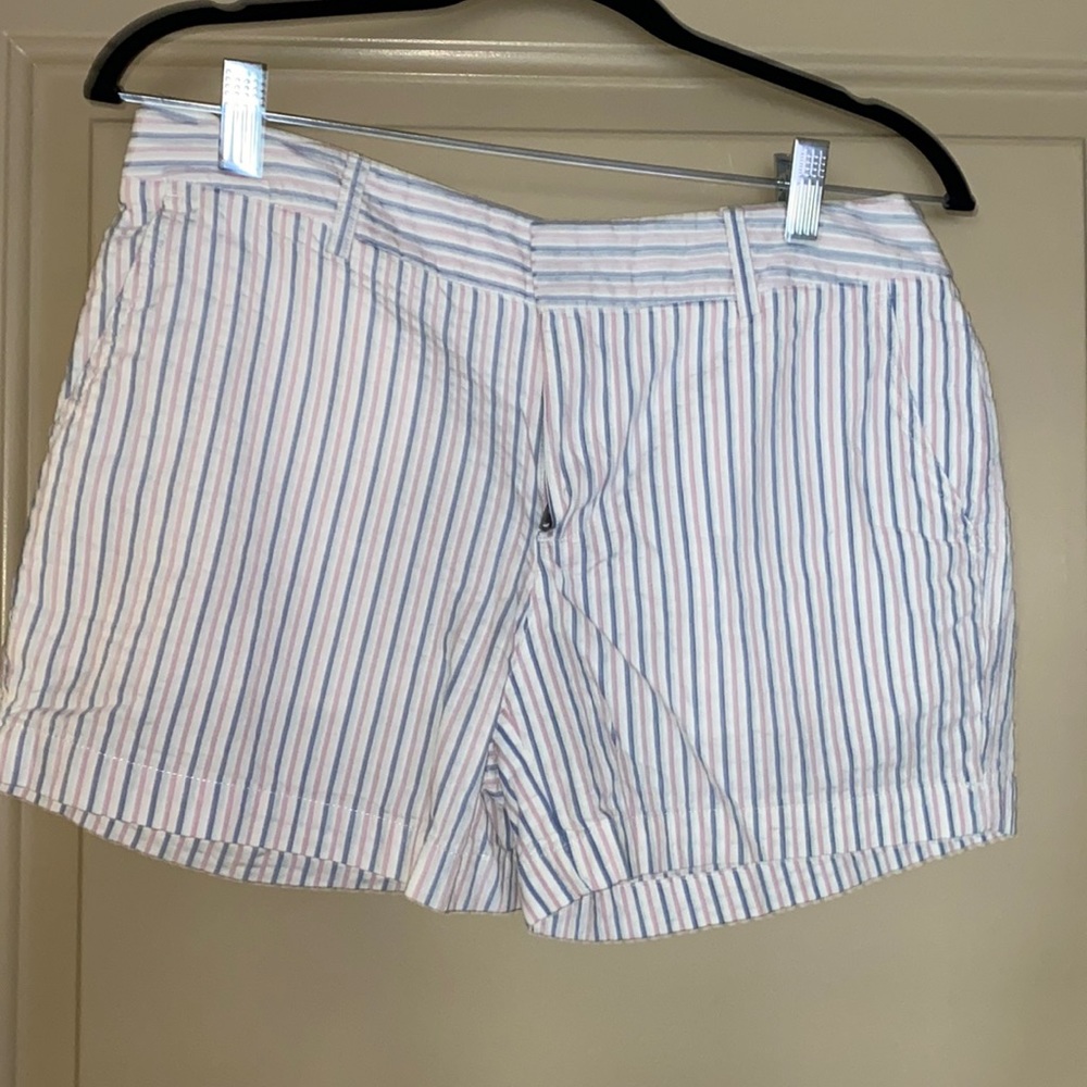 Cynthia Rowley. Blue and pink Bermuda shorts.